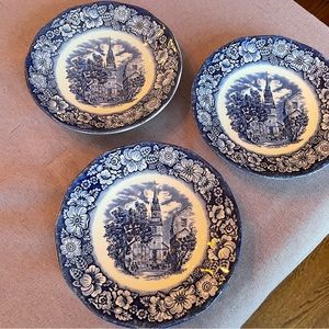 3 Liberty Blue Old North Church Saucers Historic Colonial Scene, Made in England